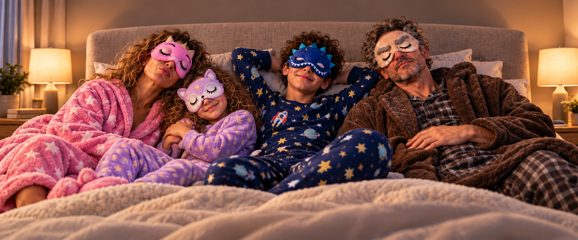 A family wearing SnoozyFace masks and sleepwear together at bedtime