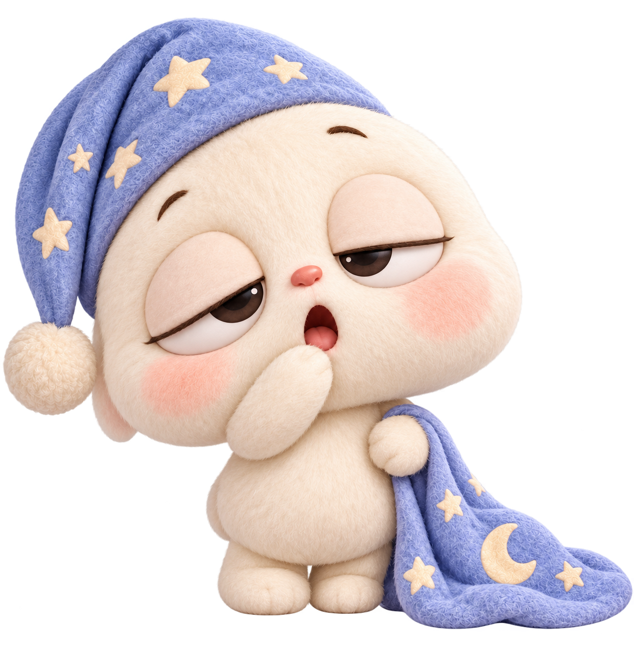 Soft SnoozyFace plush character with a moon and stars blanket