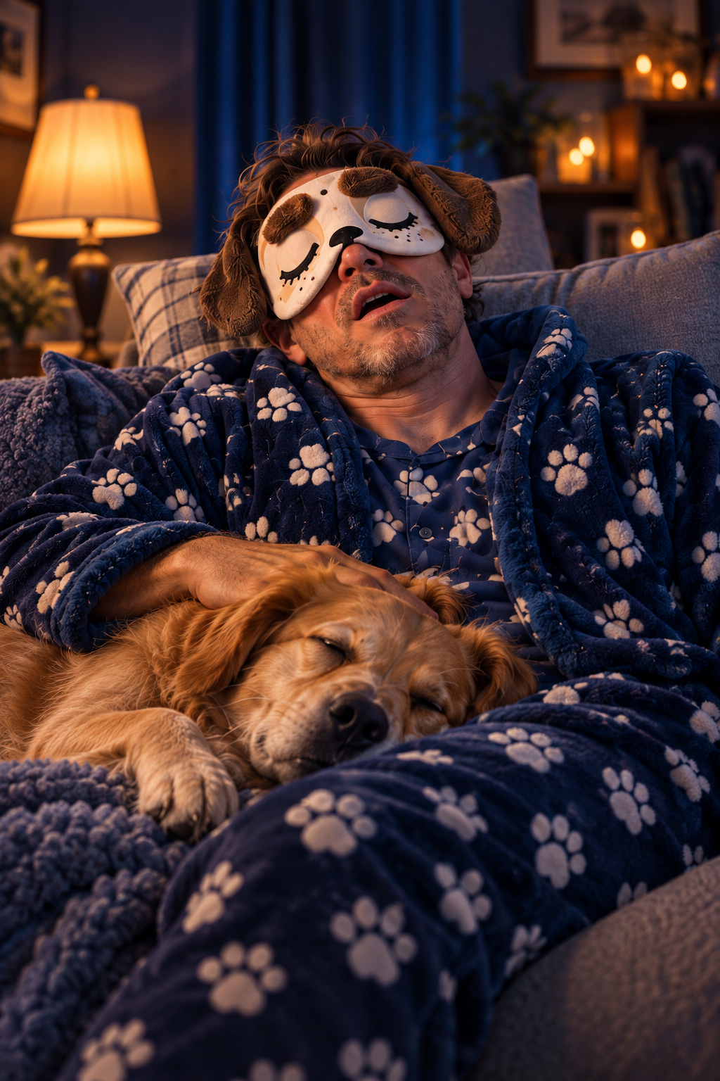 A grown-up wearing the Snorelock dog SnoozyFace
