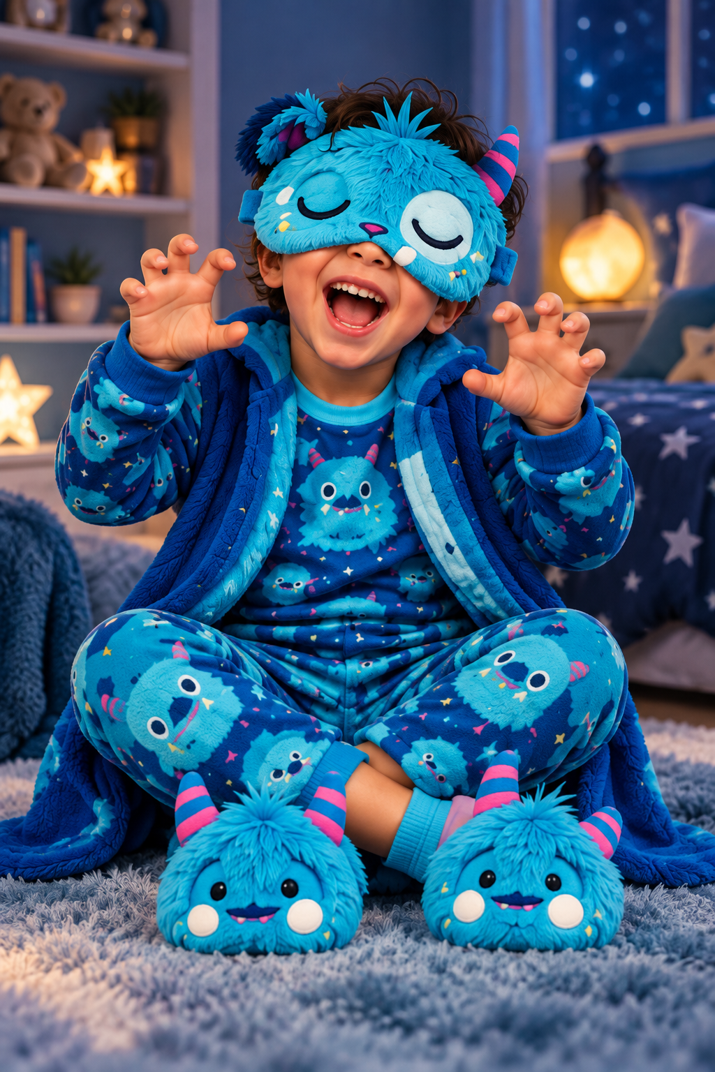 A child wearing the blue Boggle monster SnoozyFace