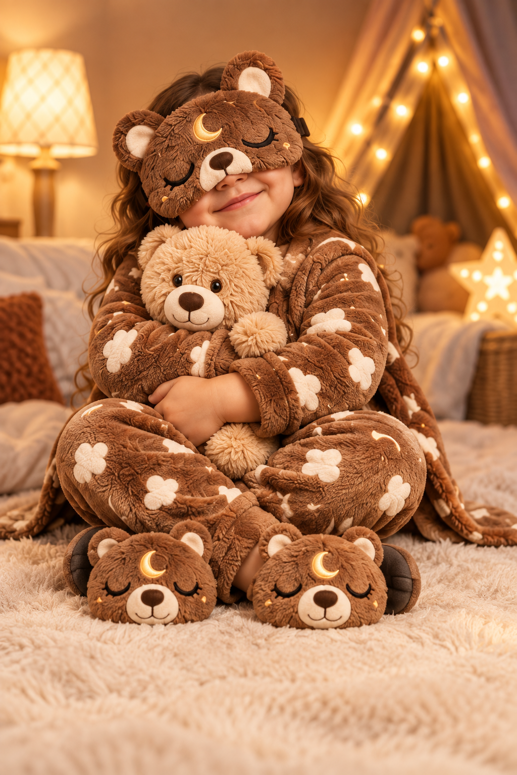 A child wearing the warm brown Momo bear SnoozyFace