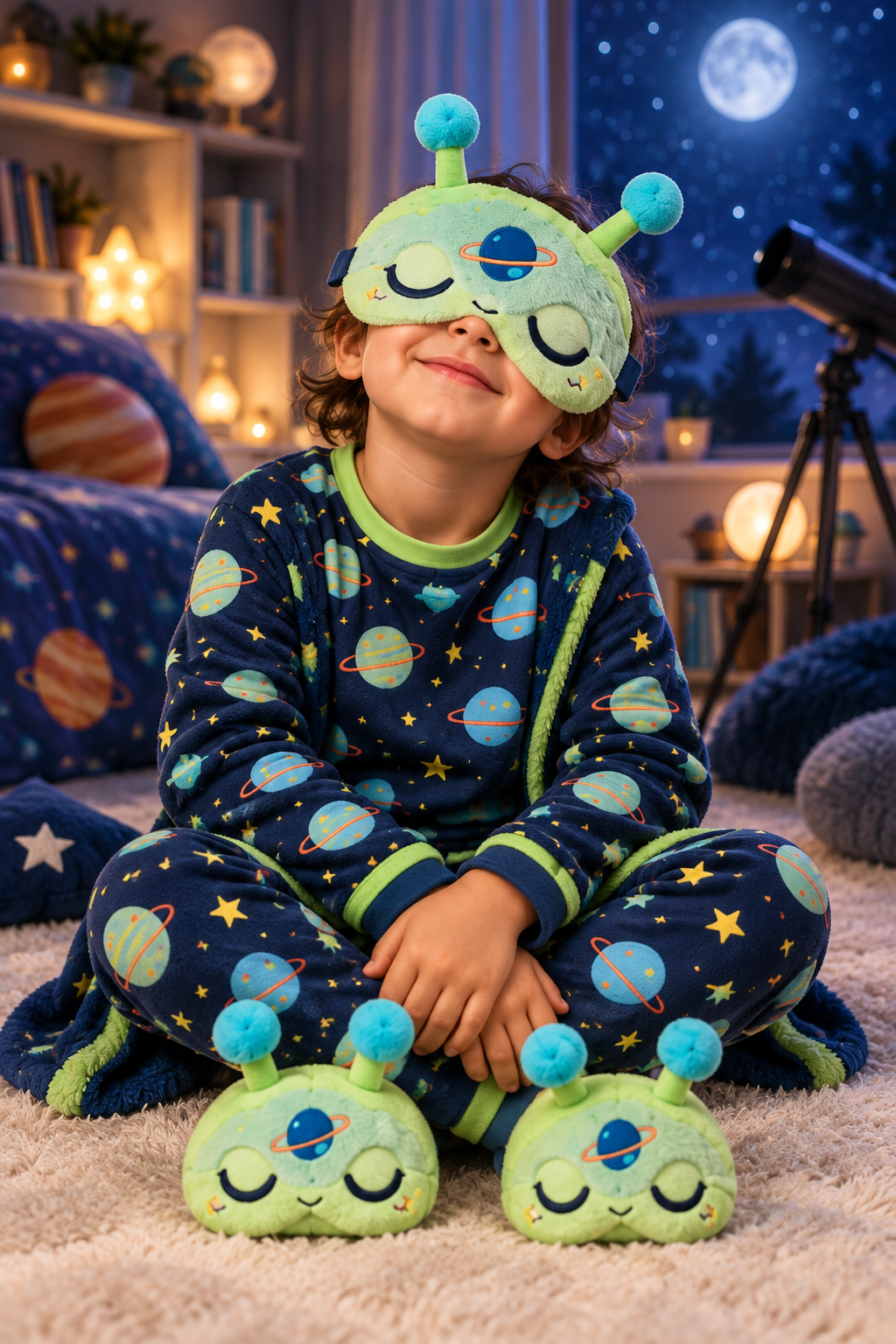 A child wearing the green Orbit space SnoozyFace