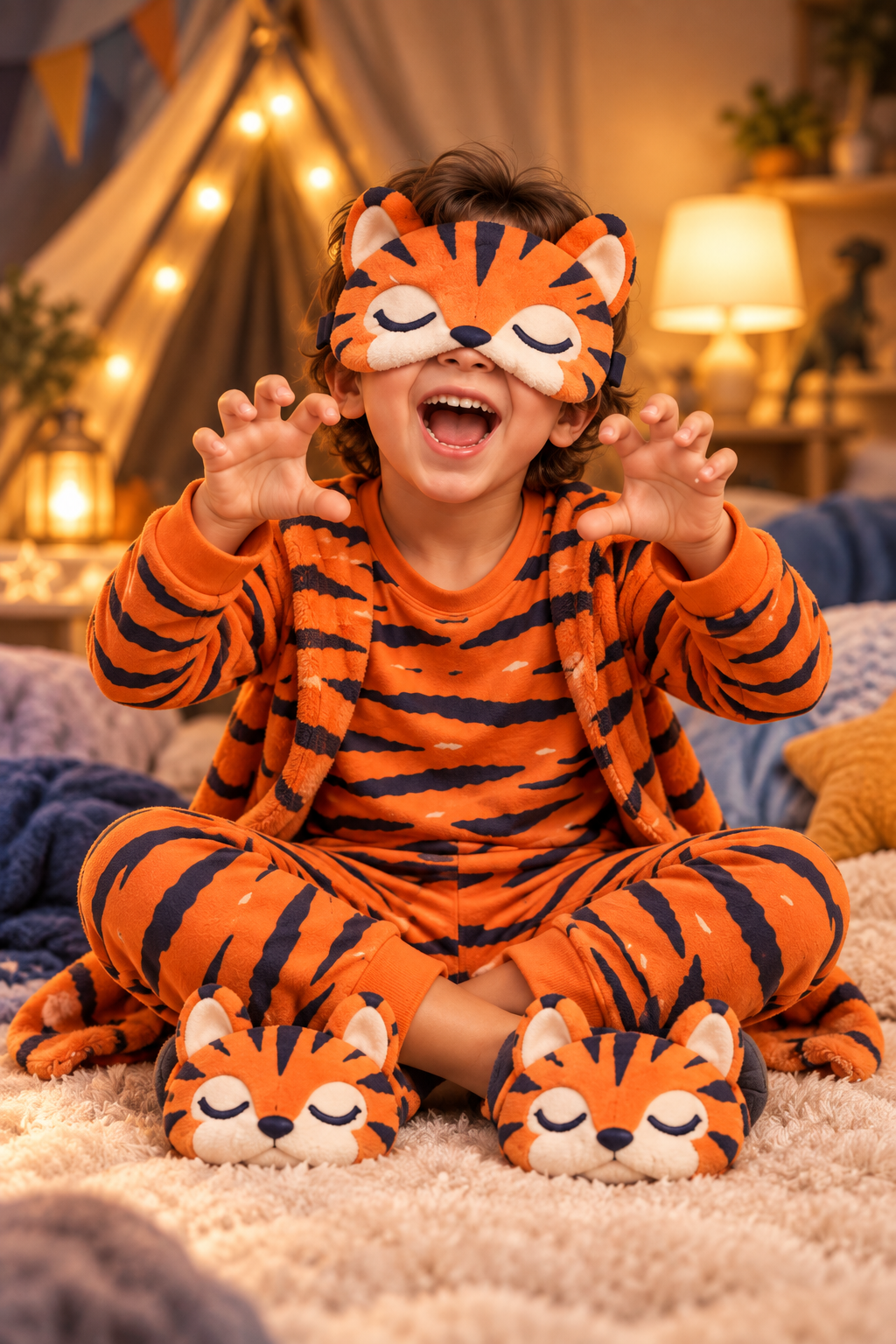 A child wearing the bright orange Rumble tiger SnoozyFace