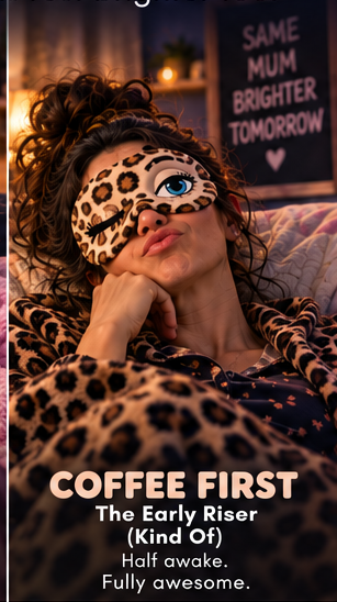A mum wearing the Coffee First leopard SnoozyFace