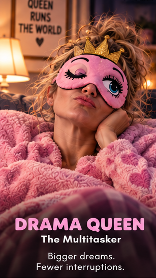 A mum wearing the pink Drama Queen SnoozyFace