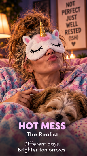 A mum wearing the unicorn Hot Mess SnoozyFace