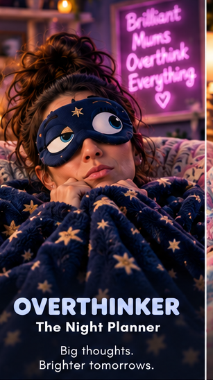 A mum wearing the midnight blue Overthinker SnoozyFace